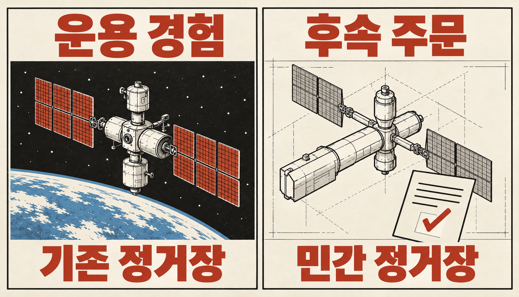 왼쪽은 운용 경험이라고 적힌 기존 정거장, 오른쪽은 후속 주문이라고 적힌 민간 정거장과 체크된 주문서를 그린 개념도입니다. 아래에 기존 정거장, 민간 정거장이라고 적혀 있습니다.
