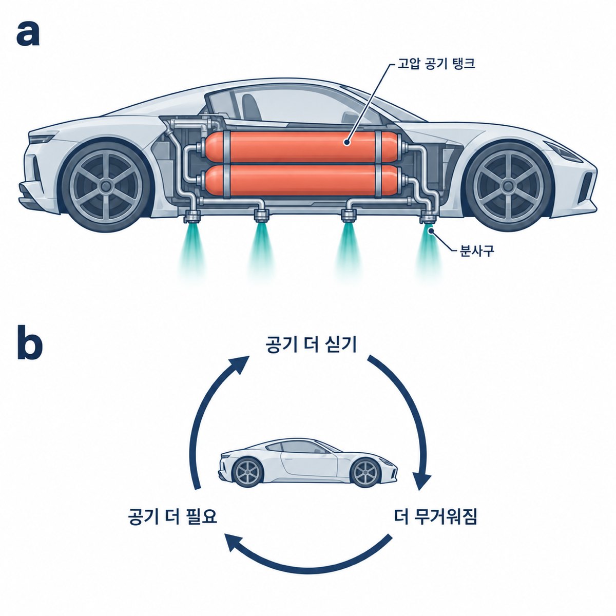 차 안의 고압 공기 탱크 두 개와 아래쪽 분사구를 보여 주는 단면도, 그리고 공기 더 싣기·더 무거워짐·공기 더 필요가 고리처럼 이어지는 순환도입니다.