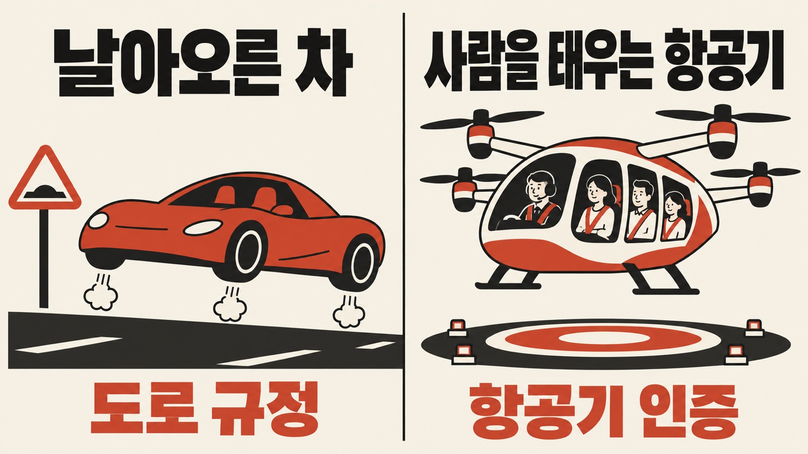 왼쪽에는 날아오른 차라고 적힌 짧게 뛰어오르는 스포츠카와 도로 규정, 오른쪽에는 사람을 태우는 항공기라고 적힌 승객을 태운 수직이착륙 항공기와 항공기 인증을 그린 개념도입니다.